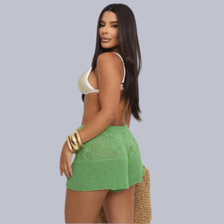 Short Saída de Praia Tricot Crochê Cós Alto Godê Rendado Feminino