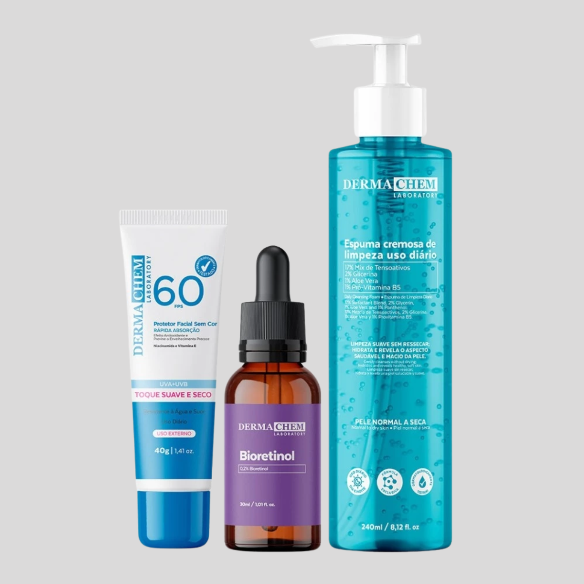 Kit antissinais Protetor solar Rosto FPS 60 + espuma cremosa + Bioretinol Dermachem