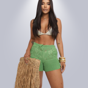 Short Saída de Praia Tricot Crochê Cós Alto Godê Rendado Feminino