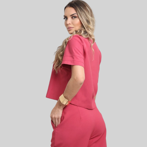 Conjunto Social Blusa Decote Quadrado e Calça Reta