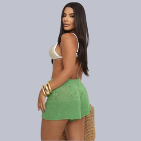 Short Saída de Praia Tricot Crochê Cós Alto Godê Rendado Feminino